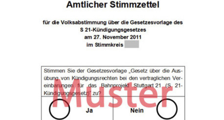 Ausschnitt des Amtlichen Stimmzettels für die Volksabstimmung zum S 21-Kündigungsgesetz (Muster)