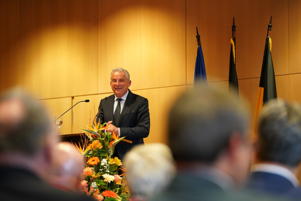 Innenminister Thomas Strobl bei seiner Rede anlässlich des Besuchs von EU-Kommissar Christos Stylianides.