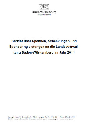 Bericht über Spenden, Schenkungen und Sponsoringleistungen an die Landesverwaltung 2014