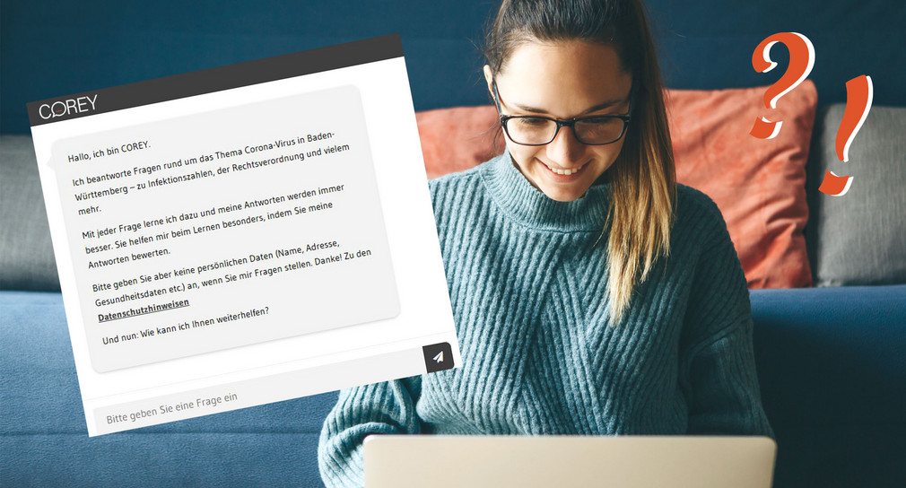 Begrüßungstext Corona-Chatbot COREY der Landesregierung Baden-Württemberg.