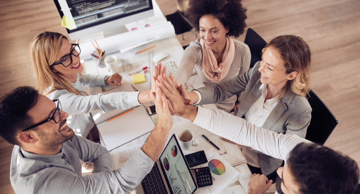 EIne Gruppe junger Menschen arbeiten im Team am Schreibtisch