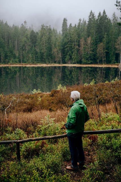 Ministerpräsident Winfried Kretschmann blickt auf einen See