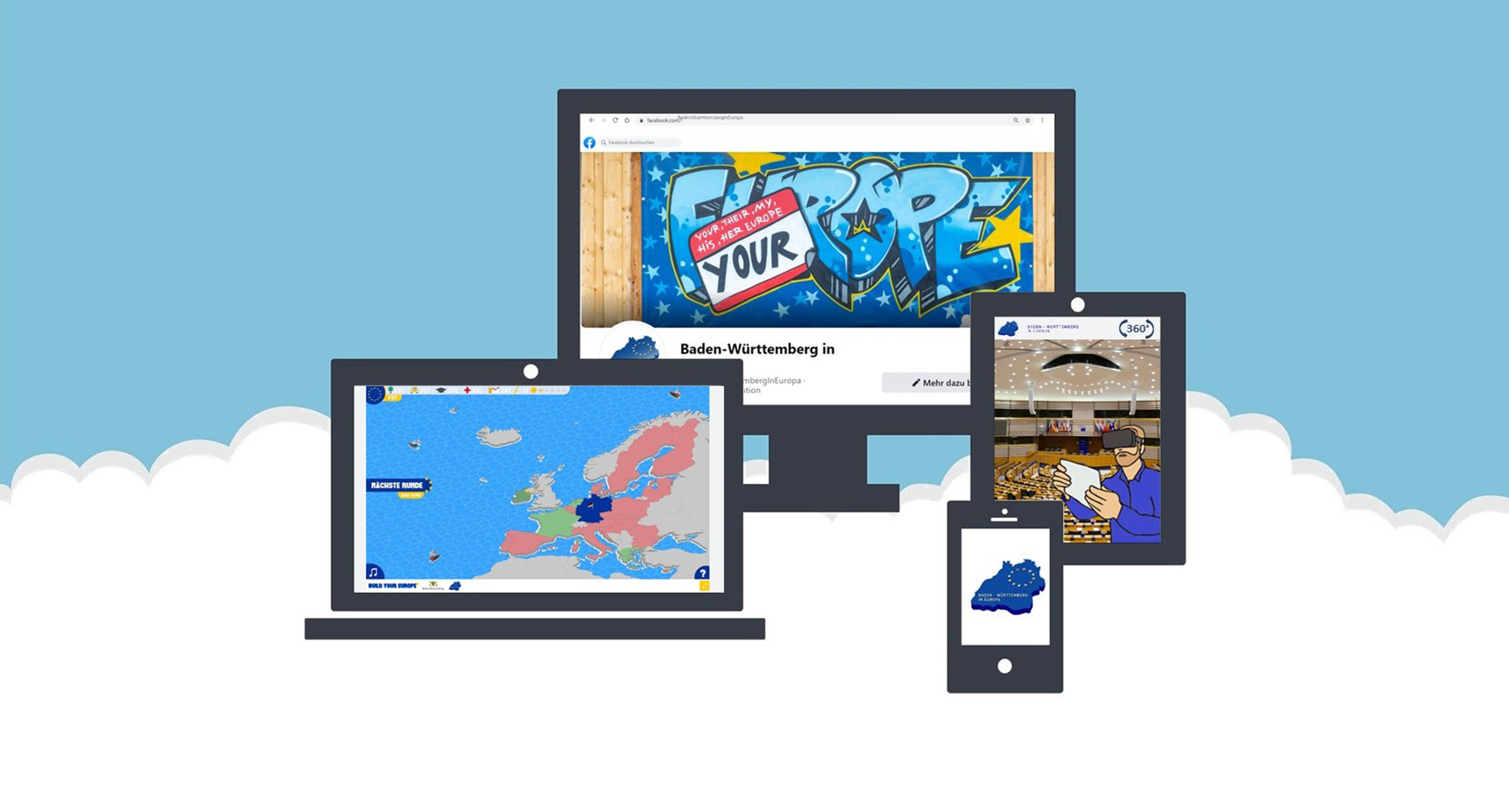 Eine Zeichnung von einem Laptop, Smartphone, Computerbildschirm und Tablet mit den Ansichten verschiedener Online-Angebote zu "Baden-W&uuml;rttemberg in Europa"